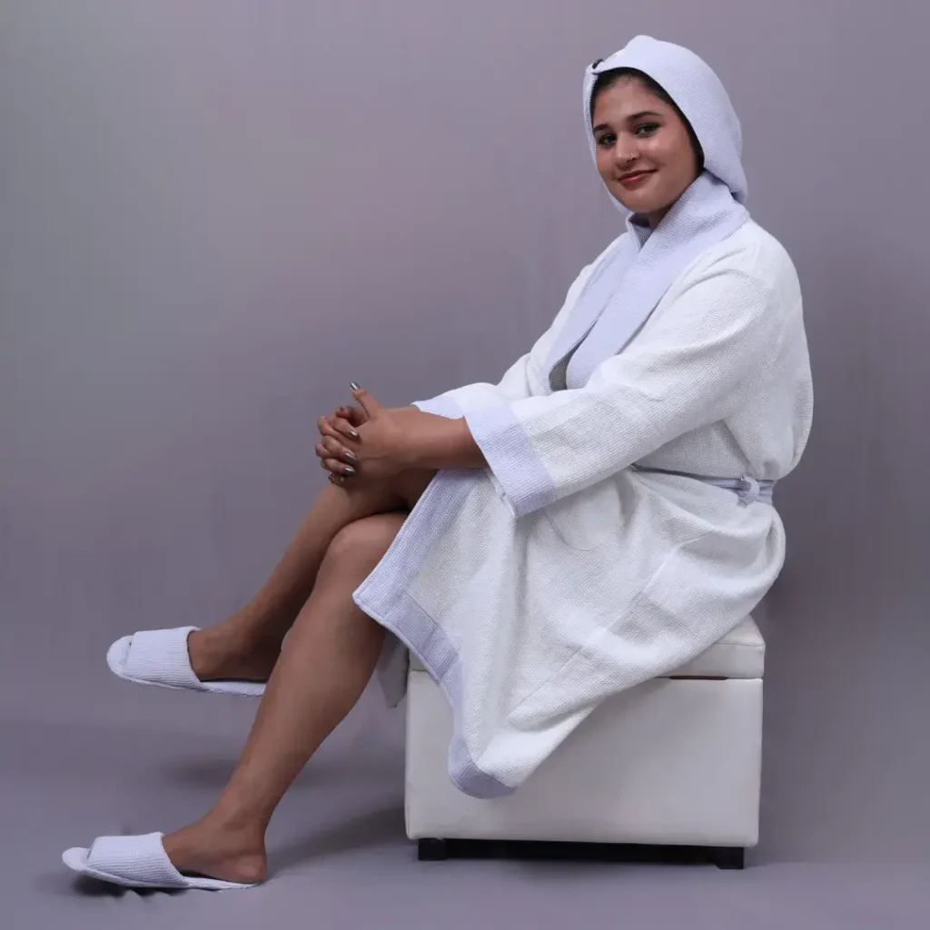 Shawl collar cotton micro waffle Bathrobe customized size | bagworld India eco friendly bags and accessories manufacturer