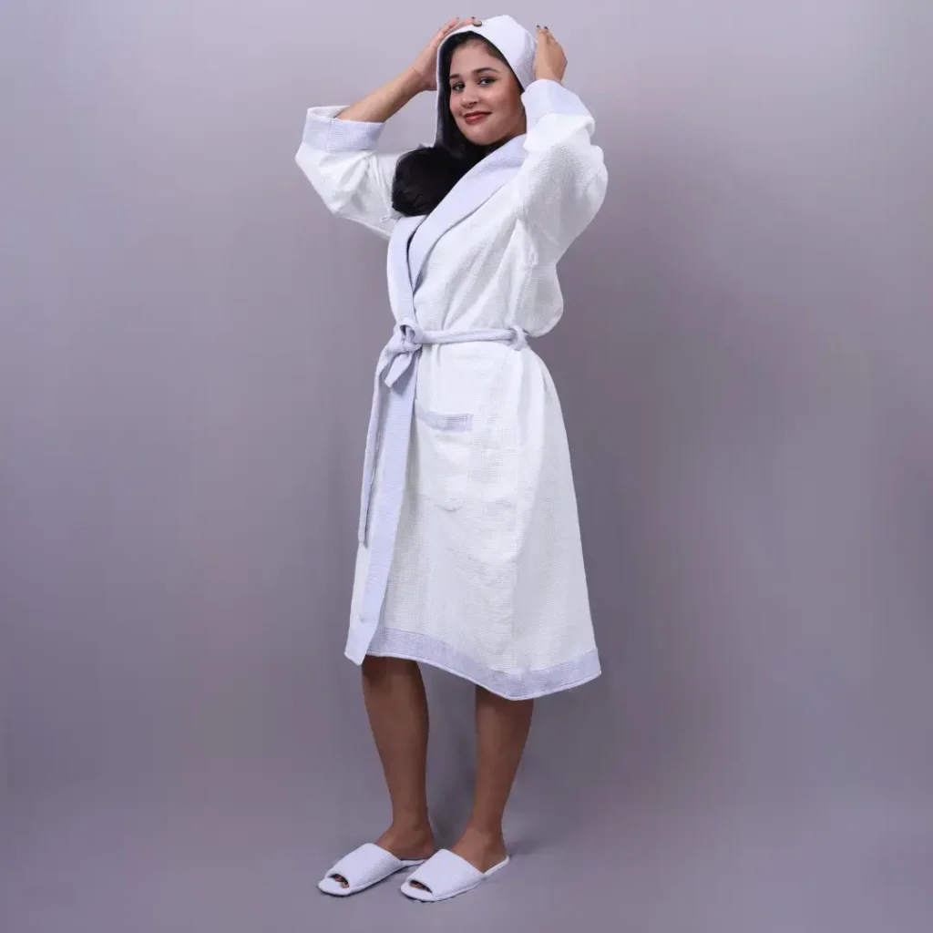 Shawl collar cotton micro waffle Bathrobe customized size | bagworld India eco friendly bags and accessories manufacturer